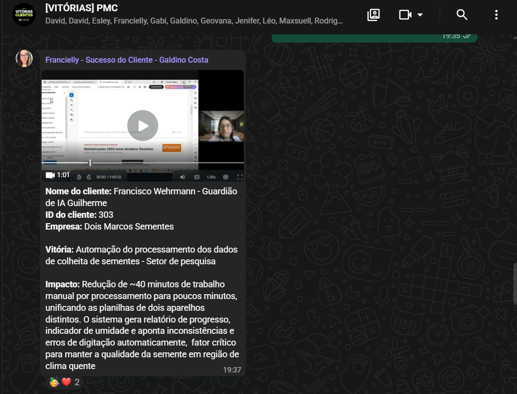 Exemplo de vitória compartilhada no grupo [VITÓRIAS] PMC com recorte de vídeo da chamada e texto padrão