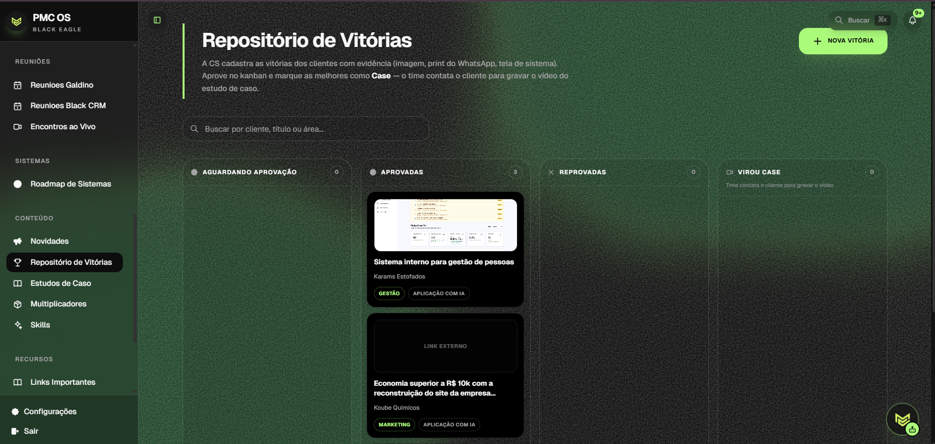 Interface do PMC OS na aba Repositório de Vitórias